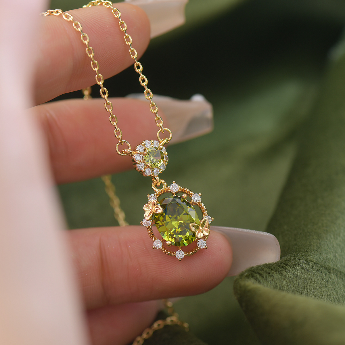 French Butterfly Jewelry Set - Olive Green Zirconia - Image 11