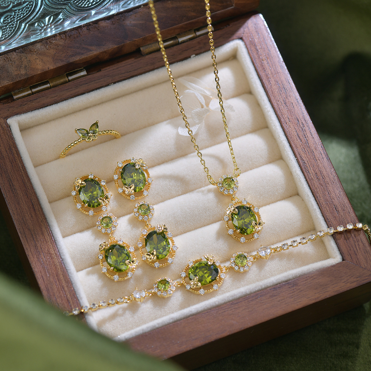 French Butterfly Jewelry Set - Olive Green Zirconia