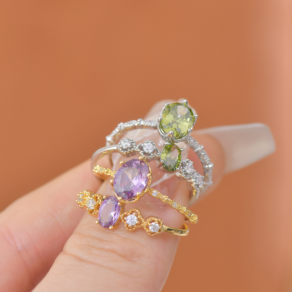 French Olive/Purple Zirconia Ring Duo - Artisan Adjustable - Image 2