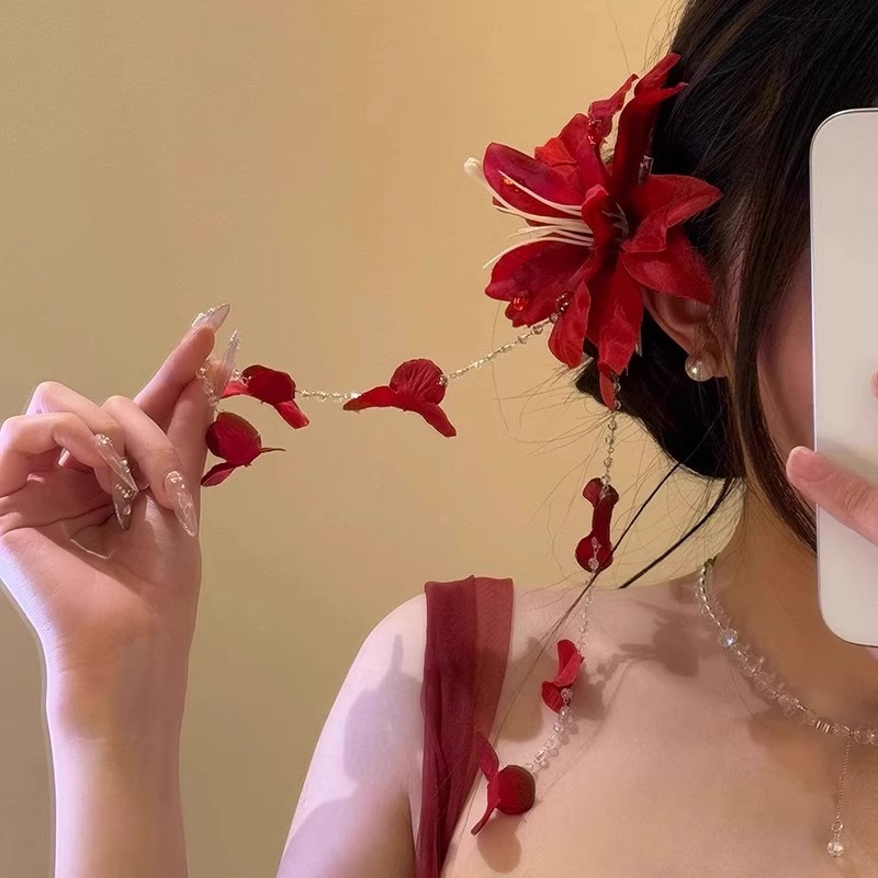 Red Floral Tassel Duckbill Clip - Bohemian Side Accent - Image 2