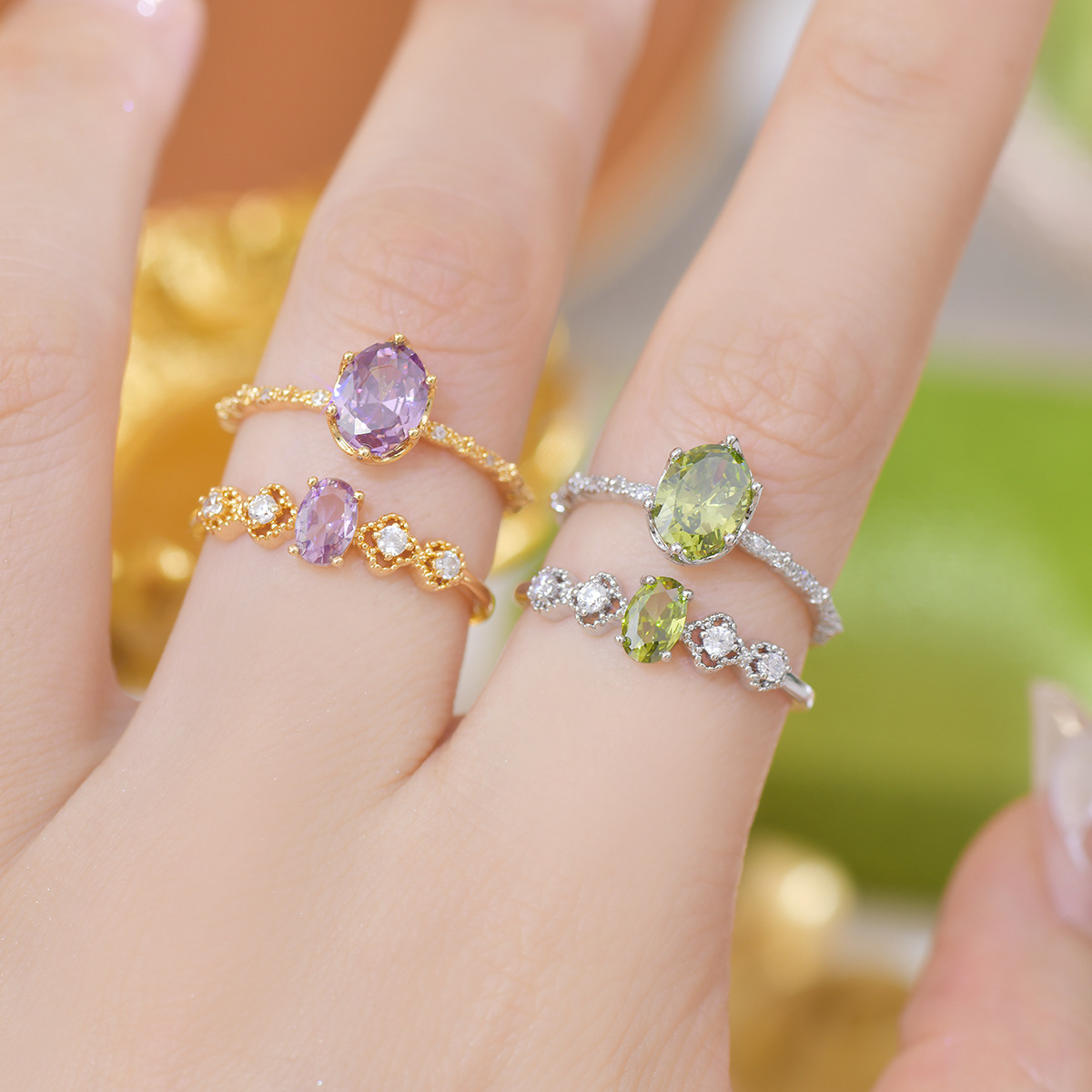 French Olive/Purple Zirconia Ring Duo - Artisan Adjustable - Image 3