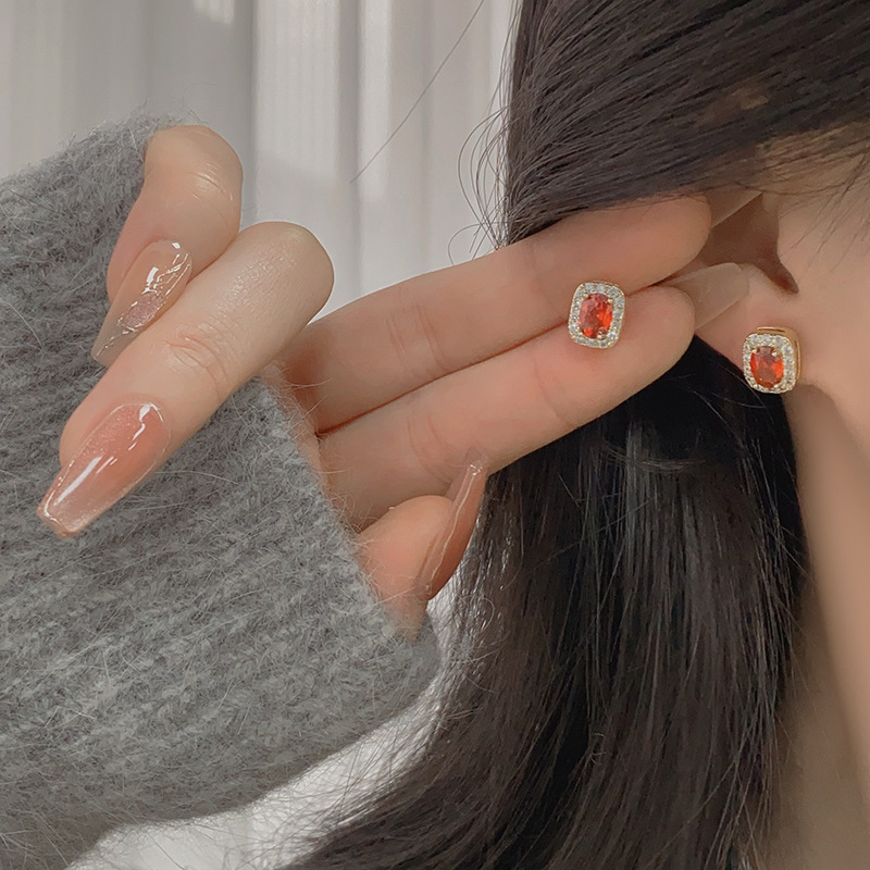 Ruby Red Square Drops - Socialite Earrings - Image 2