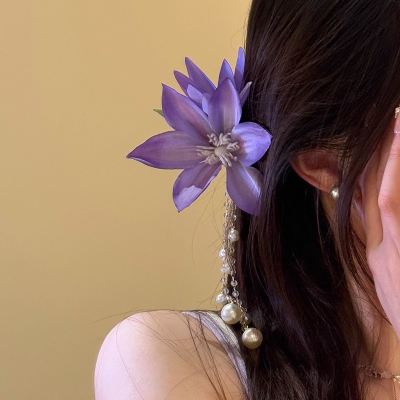 Purple Clematis Hair Clip - Pearl Tassel Detail - Image 4