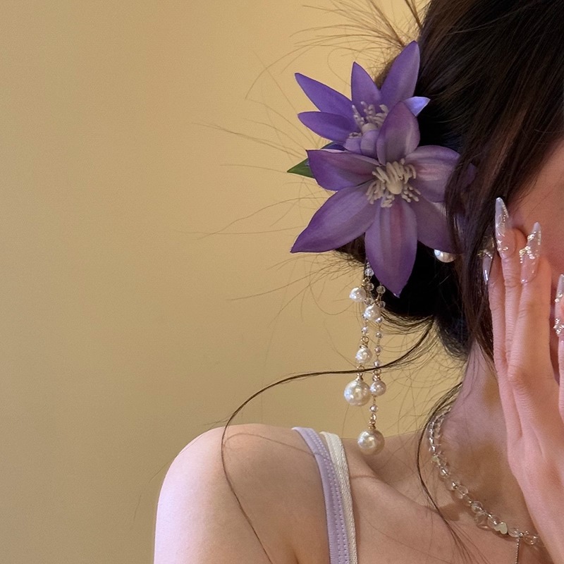 Purple Clematis Hair Clip - Pearl Tassel Detail - Image 2