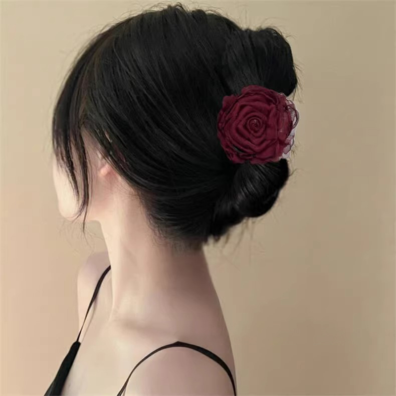French Wine-Red Rose Hair Clip - 2025 New Year & Beach Hair Accessory - Image 3