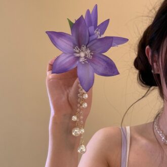 Purple Clematis Hair Clip - Pearl Tassel Detail
