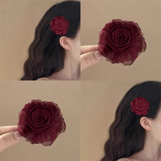 French Wine-Red Rose Hair Clip - 2025 New Year & Beach Hair Accessory