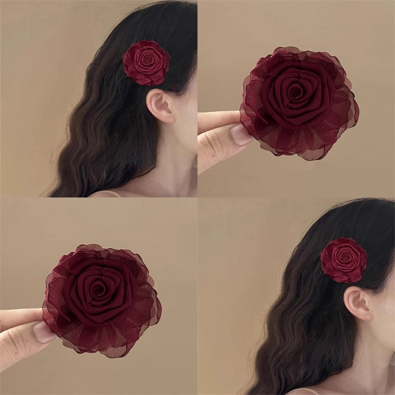 French Wine-Red Rose Hair Clip - 2025 New Year & Beach Hair Accessory