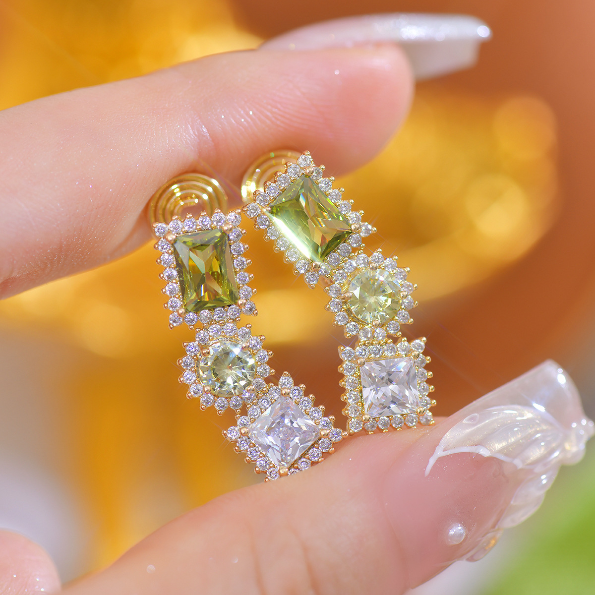 Olive Green Cube Studs - Color-Block Earrings - Image 3