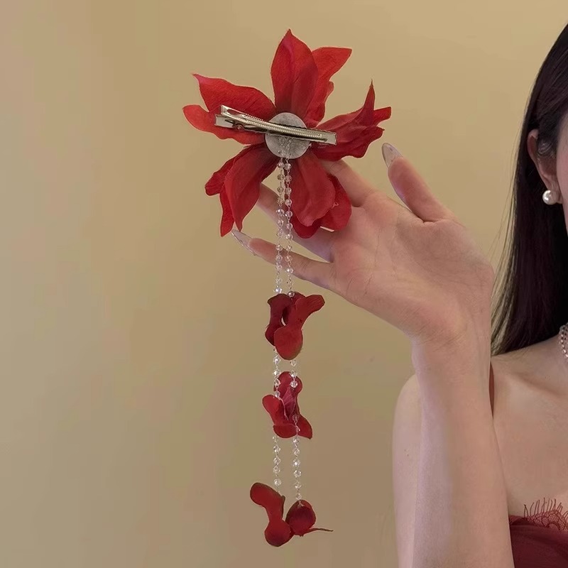 Red Floral Tassel Duckbill Clip - Bohemian Side Accent - Image 4