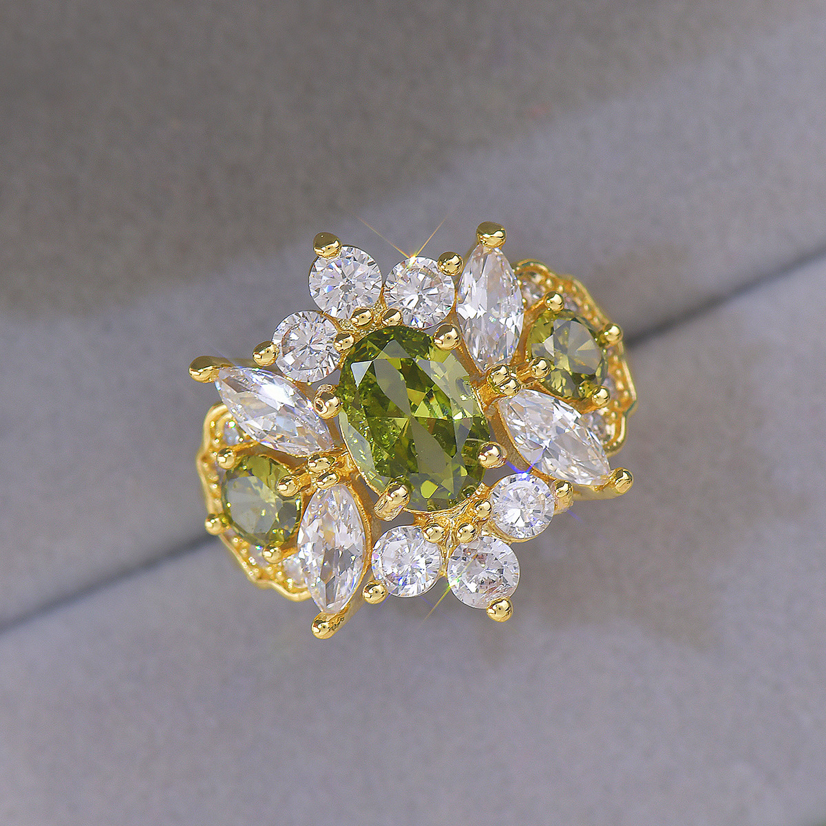 Vintage Olive Zirconia Ring - Adjustable Statement