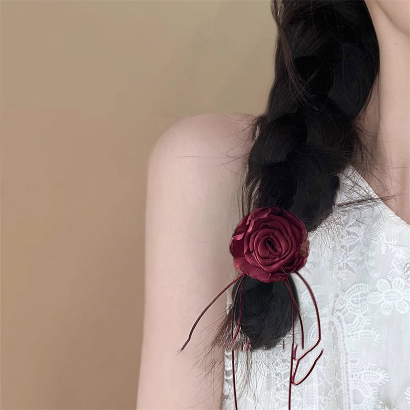 French Wine-Red Rose Hair Clip - 2025 New Year & Beach Hair Accessory - Image 2
